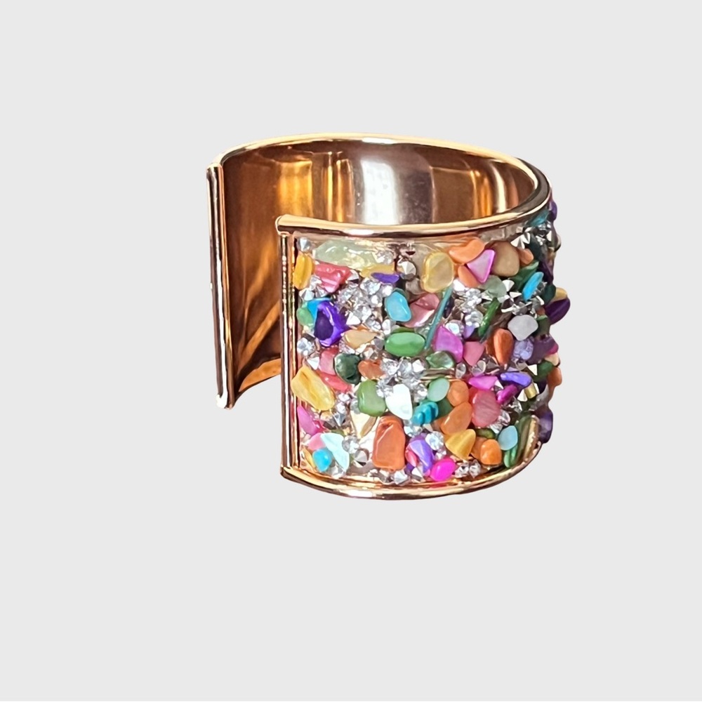 Multicolor Stone Embellished Gold Cuff Bracelet - Picture 7 of 10